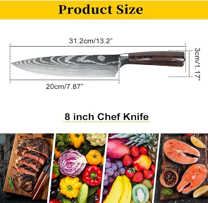 MDHAND 8 Inch Chef Knife, Professional High Carbon Stainless Steel Kitchen Knife with Ergonomic Pakkawood Handle, Ultra Sharp Cooking Knives, Dishwasher Safe, Chef Gifts