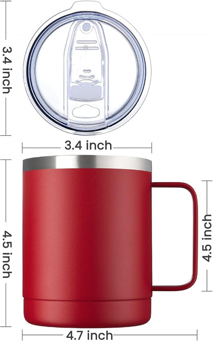 MEWAY 12oz Coffee Mug With Handle 2 Pack Bulk,Stainless Steel Insulated Travel Tumblers With Sliding Lid,Double Wall Vacuum Camping Cup for Hot & Cold Drinks Tea (Red,Set of 2)