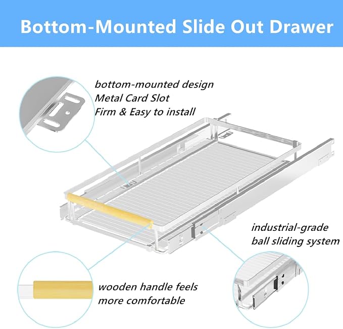 Pull Out Cabinet Organizer 2Pack, Heavy Duty Slide Out Pantry Shelves, Sliding Drawer Pantry Shelf for Kitchen, Living Room, Home, 14.16''-24.16''W x 17.3''D