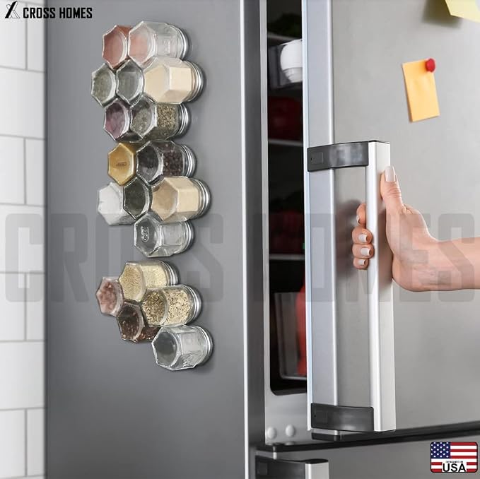 30 Set Magnetic Spice Jars for Refrigerator Hexagon Glass Spice Jars with Magnetic Lids, Shaker, Spice Labels, Magnetic Glass Spice Containers for RV Travel Trailer Kitchen Fridge Cabinet Wall mount