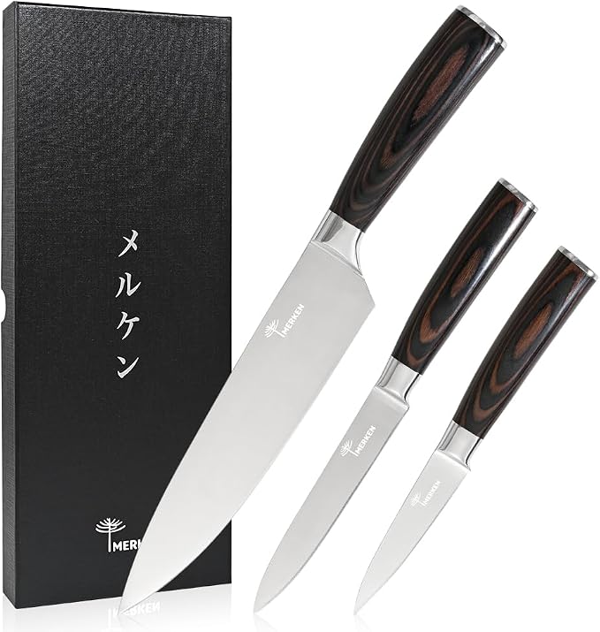MERKEN 3 Piece Kitchen Knife Set with Gift Box, 8 inch Chef Knife, 5 inch Utility Knife and 3.5 inch Paring Knife