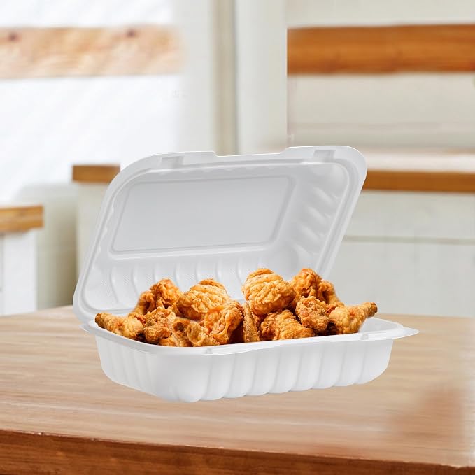 9x6 27 oz 50 Pack To Go Containers - Shrink Wrap Ready to Use | Mineral Filled PP BPA Free Clamshell | Freezer Microwave Safe | White Reusable Food Boxes for Commercial, Sandwiches & Salad