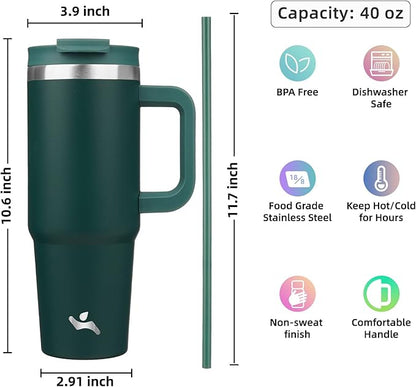 Konokyo 40 oz Tumbler with Handle and 2 Straws,2 in 1 Lid Insulated Water Bottle Stainless Steel Travel Coffee Mug,Dark Green