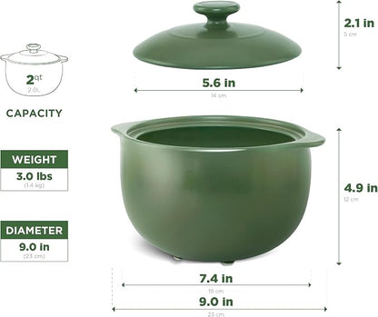 MINH LONG 2-Qt Porcelain Dutch Oven with Lid – Lead & Cadmium Free, Oven Safe to 482°F, Heat Retention, Clay Pot for Cooking on Gas & Infrared Cooktop, Use to Marinate, Cook, Bake, Refrigerate & Serve