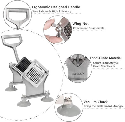 ROVSUN Commercial Vegetable Chopper French Fry Cutter Stainless Steel w/ 4 Sizes Blades, Fruit Potato Slicer, 1/2", 3/8", 1/4" & 8-Wedge Blades and Pusher Blocks for Restaurants, Home & Kitchen