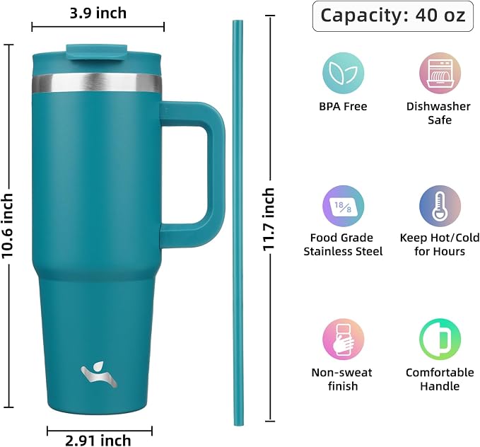 Konokyo 40 oz Tumbler with Handle and 2 Straws,2 in 1 Lid Insulated Water Bottle Stainless Steel Travel Coffee Mug,Blue