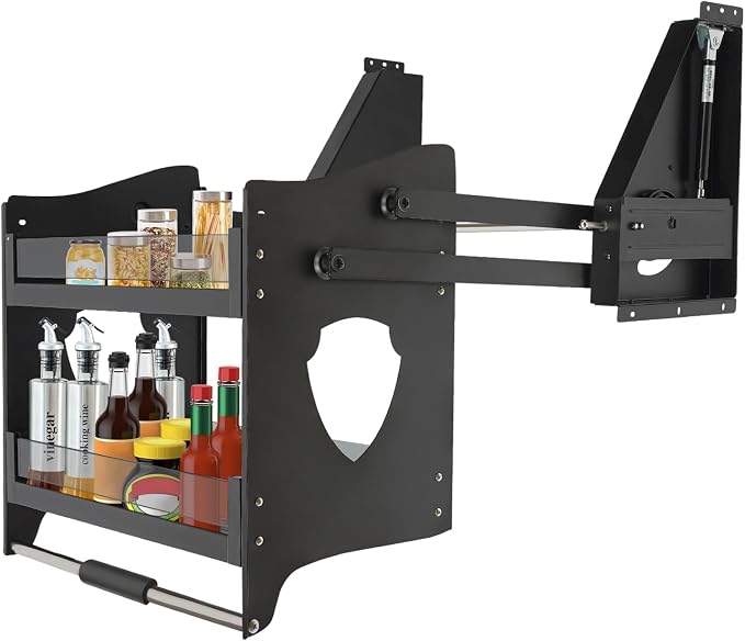 Pull Down Cabinet Organizer, 2-Tier Lowering Basket Rack for 22.05-23.23" Wide Upper Cabinet, 3-stage Weight Knob Tempered Glass Kitchen Storage Shelf, Hydraulic Damping Spice Rack, 22.05*11.02*20.87"