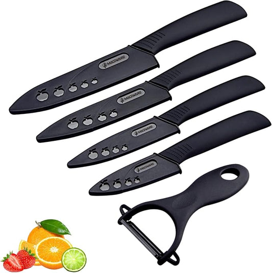 Magiware 5-Piece Chef Ceramic Knife Set (4 Ceramic Knives 4 Blade Guard and 1 Peeler), Never Rust Never Oxidize Food Stain Proof