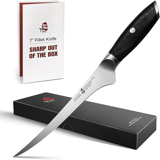 TUO Fillet Knife, 7 Inch Professional Fish Boning Knife for Trimming Meat & Poultry, Flexible Blade, High Carbon German Steel, Riveted Handle - Falcon Series
