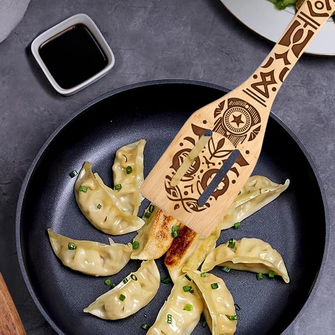 Ancient Totem Retro style Gift Idea Cooking Serving Utensils Natural Bamboo Kitchen House Warming Presents Slotted Wooden Spoons for Cooking Utensils Set of 5…