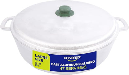 Universal (Professional Large) Caldero 47 Cups - 17 QT / 16 L, Stainless Aluminum Pot, Even Heat Distribution and Fast Cooking Dutch Oven Pot, Ergonomic Handles, Ideal for Rice, and French Fries