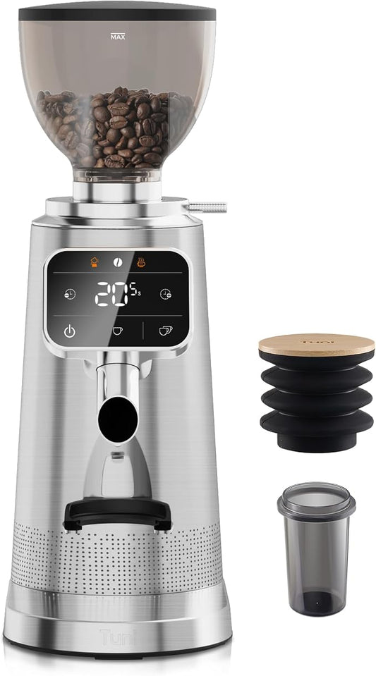 Tuni G3 64mm Flat Burr Coffee Grinder, 100 Grind Settings Electric Espresso Grinder with Single Dose Set | Commercial Grade Precision, Touchscreen | Anti-Static Tech | Stainless Steel (Silver)