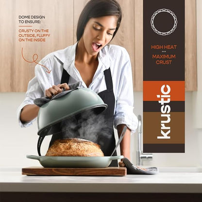 Krustic Enameled Cast Iron Dutch Oven for Professional Sourdough Bread Baking | 5.5 Quart Loaf Size Oval Cookware Pot with Lid | Triple-Layer Enamel Coating Pan with Non Stick Silicone Mat | Sea Salt