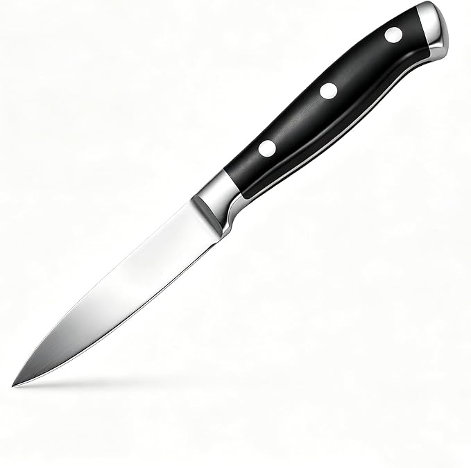 3.5 Inch High Carbon Steel Fruit and Vegetable Paring Knife, Triple Rivet Compact Knives with Ergonomic Handle, Ultra Sharp Small Kitchen Knife for Peeling, Slicing and Garnish