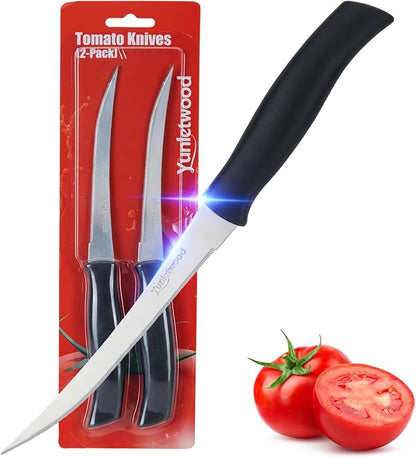 Tomato Knife 3rd Gen 2-Pack, Serrated Stainless Steel Blade, Ergonomic Handle, Precise Cuts for Tomatoes/Fruits/Veggies (Black)