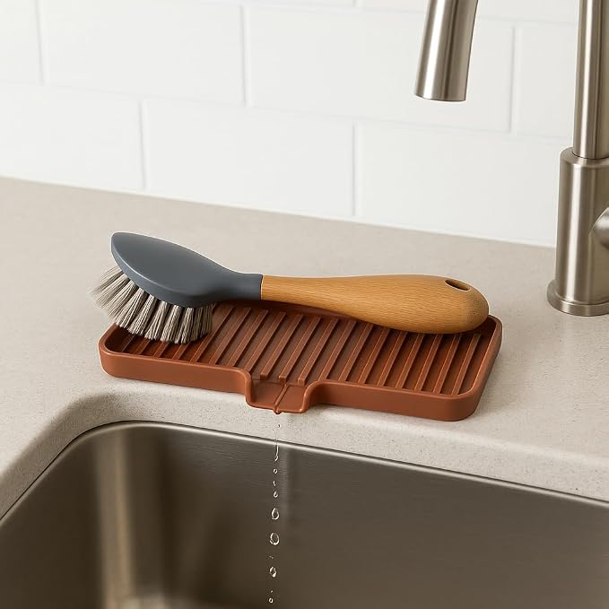 Silicone Soap Dish Tray and Sponge Holder with Drain Chute, Rectangular, Kitchen and Bathroom Sink Organizer (Vanilla Cream, 9"x3.5")