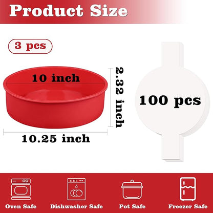 HUAKENER 10 Inch Round Cake Pan, 3 Pack Silicone Cake Molds with 100 Pieces Parchment Paper, Nonstick Cake Molds for Birthday Cakes, Layer Cakes, Cheese Caks, Chocolate Cakes