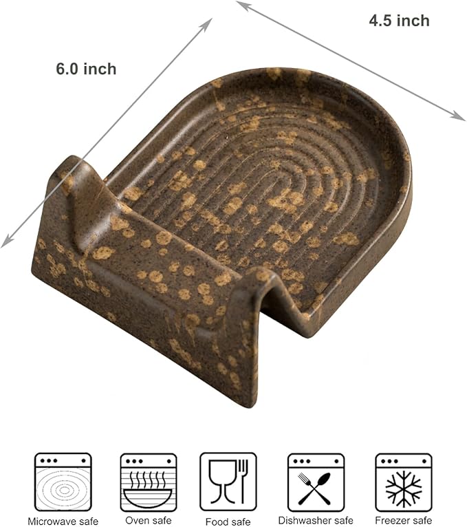Cooking Spoon Rest with Slot or Spatula, Spoons or Tong Ceramic Spoon Rest for Countertop Heat-Resistant Spoon Rest for Stove Top Perfect Rest for Utensil and Spoon, Brown