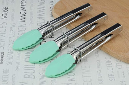 HINMAY 7" Stainless Steel Food Tongs with Silicone Tips, Set of 3 (Mint) | 7-Inch Mini Tongs