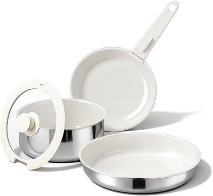 5PCS Pots and Pans Set Non Stick, Diamond-Titanium Ceramic Cookware Set & 3 Layer Stainless Steel with Detachable Handle, Induction Cookware, Non Toxic Oven/Dishwasher Safe, White