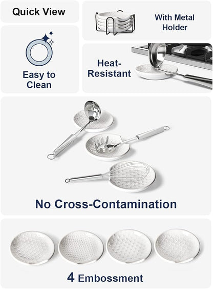 LE TAUCI Ceramic Spoon Rests for Stove Top with Holder, Set of 4 Farmhouse Spoon Holder for Kitchen Counter, 4.8 Inch Heat Resistant Utensil Rest for Cooking & Coffee Bar, Embossed, White