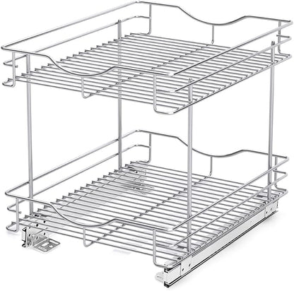 FULGENTE Chrome Finish Pull Out Drawer Cabinet Organizer 2 Tier (14" W X 18" D) Sliding Drawers For Kitchen Cabinets Cookware Organizer Drawer For Cabinet Slide Out Shelves