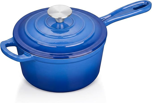 E-far Enameled Cast Iron Sauce Pan with Lid, 1 Quart Dutch Oven Saucepan, Mini Sauce Pot for Cooking, Boiling, Healthy & Non Toxic, Induction & Oven Safe, Deep Blue