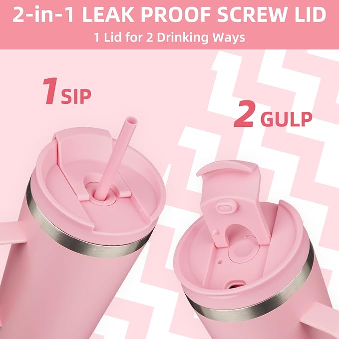 BJPKPK Insulated Tumbler with Handle, 22oz Insulated Tumblers with Lid and Straw, Stainless Steel Metal Water Bottles, Coffee Travel Mugs, Cups, Light Pink