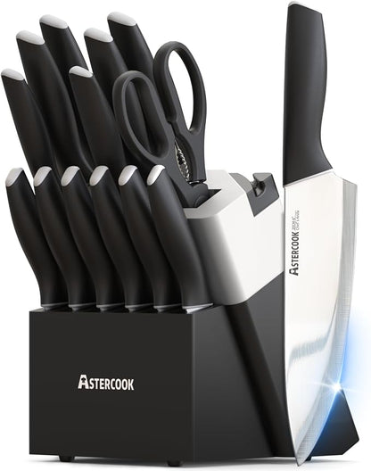 Astercook Knife Set, Kitchen Knives with Block and Sharpener 15 Pcs German Stainless Steel Knives Sharp Blade Dishwasher Safe Deba Knives with Ergonomic Handle, Elegant Black