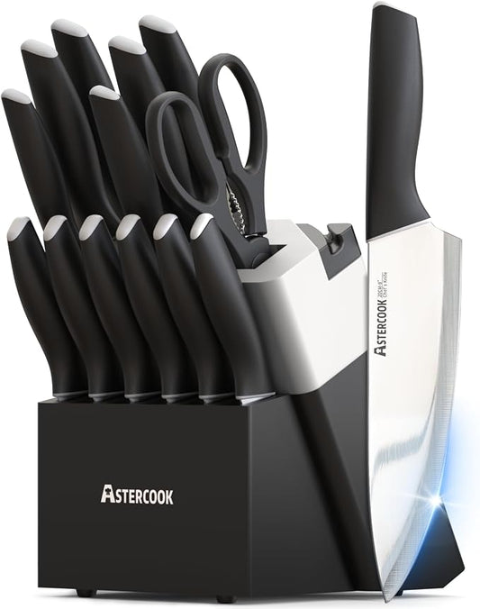 Astercook Knife Set, Kitchen Knives with Block and Sharpener 15 Pcs German Stainless Steel Knives Sharp Blade Dishwasher Safe Deba Knives with Ergonomic Handle, Elegant Black