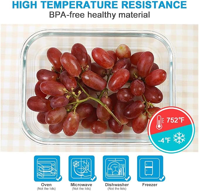 DAS TRUST [5-Packs, 36 Oz. Glass Meal Prep Containers with Locking Lids Glass Food Containers,Airtight Lunch Container,Microwave, Oven, Freezer and Dishwasher (4.5 Cup, Clear)