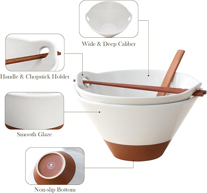 MALACASA Ceramic Ramen Bowl Set – 42 oz, with Wooden Spoon & Chopsticks, Microwave & Oven Safe, Japanese Style Soup Bowls for Ramen, Pho, Noodles – Set of 2, White & Khaki – TARA Series