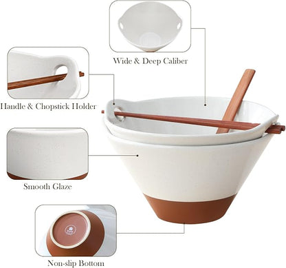 MALACASA Ceramic Ramen Bowl Set – 42 oz, with Wooden Spoon & Chopsticks, Microwave & Oven Safe, Japanese Style Soup Bowls for Ramen, Pho, Noodles – Set of 2, White & Khaki – TARA Series