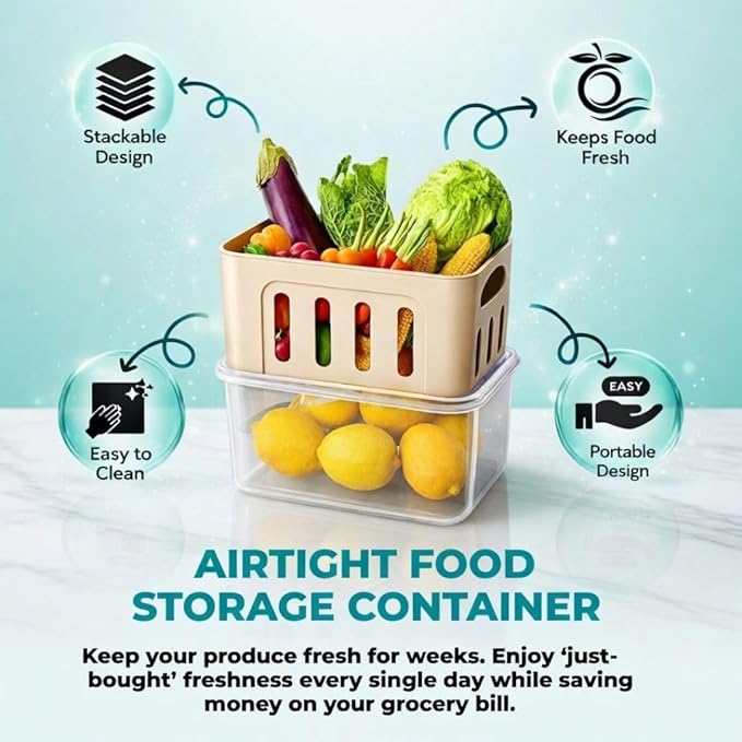 Fruit Containers for Fridge Keep Fresh, 5-Pack BPA-Free Produce Storage Containers with Removable Colander, Airtight Fridge Organizer for Berry Vegetable, Microwave & Dishwasher Safe (Cream)