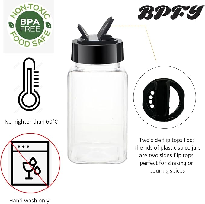 24 Pack 4oz Clear Plastic Spice Jars With Black Plastic Lids, Square Spice Bottles, Seasoning Containers with Chalk Labels, Pen, Funnel, Spice Containers For Kitchen Cabinet