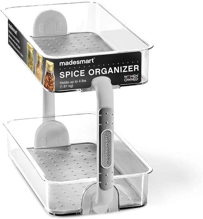 madesmart Tiered Spice Organizer, 8 Jars for Kitchen Essentials, Vertical Storage for Salt, Pepper, Cayenne, Soft-Grip Lining, Dual Handles, Grey