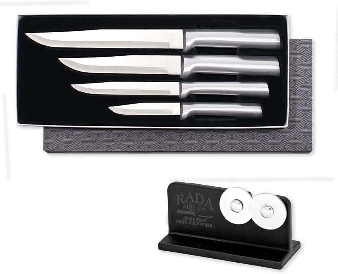 Rada Cutlery Wedding Register Gift Set (S04), 4-Piece Knife Set with Quick Edge Sharpener (R119), Silver Handle
