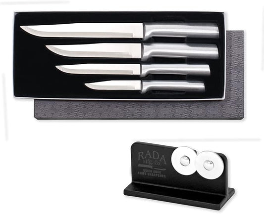 Rada Cutlery Wedding Register Gift Set (S04), 4-Piece Knife Set with Quick Edge Sharpener (R119), Silver Handle