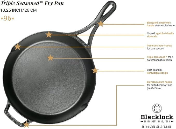 Lodge Blacklock 10.25" Triple Seasoned Cast Iron Skillet - Lightweight - Easy Cleanup - Premium Cookware