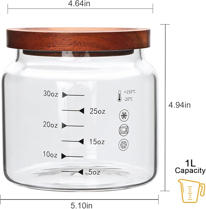 Glass Jars,Set of 4 Glass Food Storage Containers with Wooden Lids,Clear Glass Canister Sets for Sugar,Tea,Coffee,Snack,Spice,Herbs(33 oz/ 1000 ml)