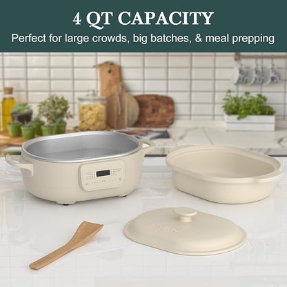 4 Quart Claypot Slow Cooker, 8-in-1 Multi Cooker with Flexible Programming, Removable Crock, Nonstick, Oven Safe Pot to 450°F, Oatmeal