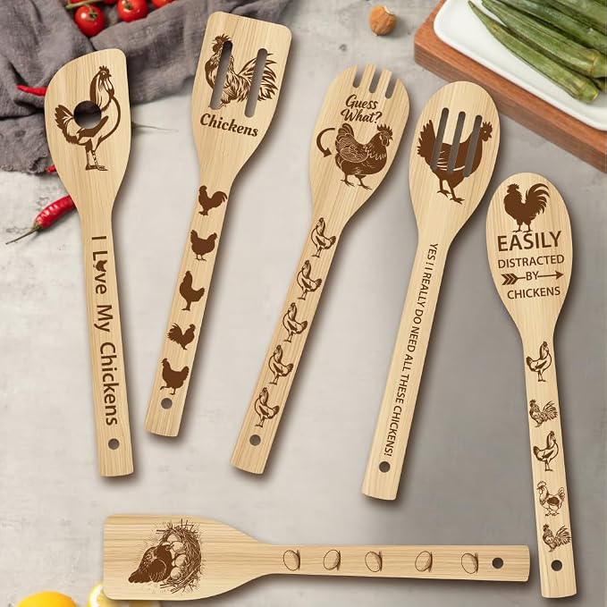 6Pcs 6 Styles Chicken Wooden Spoons for Cooking Mothers Day Rooster Gifts 11.8 x 2.4 Inch Rooster Kitchen Utensils Bamboo Set Chicken Kitchen Accessories Farmhouse Stuff Decor for Women