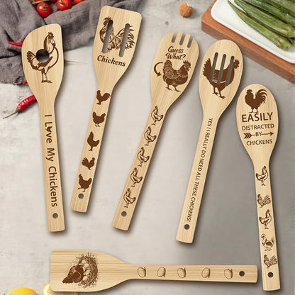 6Pcs 6 Styles Chicken Wooden Spoons for Cooking Mothers Day Rooster Gifts 11.8 x 2.4 Inch Rooster Kitchen Utensils Bamboo Set Chicken Kitchen Accessories Farmhouse Stuff Decor for Women