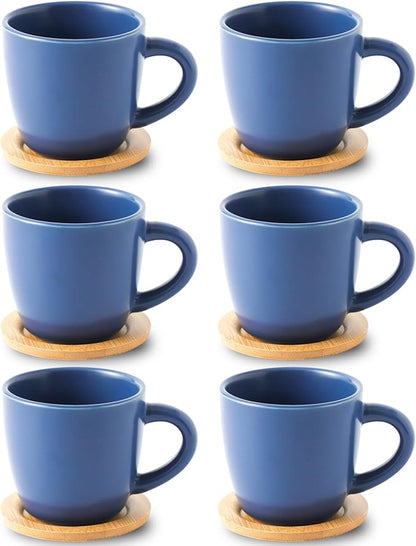 HASENSE 8 OZ Cappuccino Cups with Saucers, Ceramic Espresso Cups Set of 6, Coffee Cup with Handle for Double Shot, Latte, Mocha, Espresso Cups for Home and Office,Blue