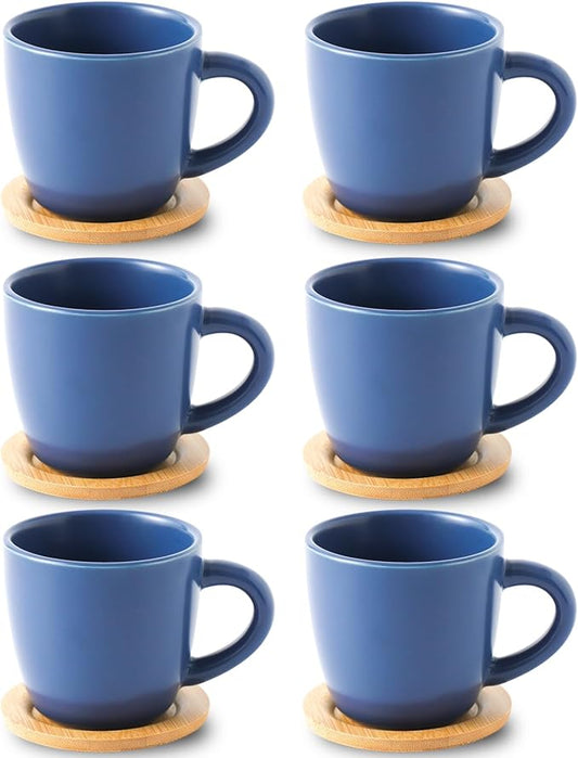 HASENSE 8 OZ Cappuccino Cups with Saucers, Ceramic Espresso Cups Set of 6, Coffee Cup with Handle for Double Shot, Latte, Mocha, Espresso Cups for Home and Office,Blue
