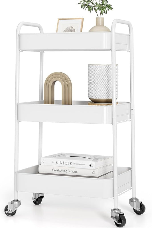 TOOLF 3-Tier Rolling Cart - Metal Utility Storage Organizer with Lockable Wheels, 33 lbs Per Shelf, Tool-Free 5-Min Assembly, for Kitchen Bathroom Office Nursery Craft Room, White