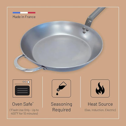 de Buyer MINERAL B Carbon Steel Fry Pan - 14” Diameter, 10.25” Cooking Surface - Ideal for Searing, Sauteing & Reheating - Naturally Non-Stick Finish - Made in France
