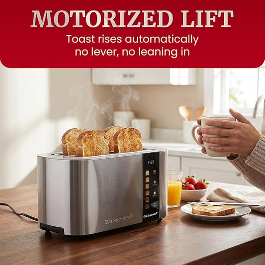 Elite Gourmet ECT5500 4-Slice Long Slot Toaster, Fully Automatic Motorized, Stainless Steel Digital Touchscreen, Extra-Wide Slots, 6 Browning Levels, Bagel, Defrost & Reheat