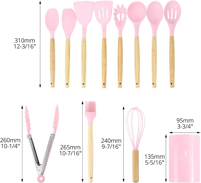 QWORK 12-Piece Pink Kitchen Tool Set - Includes Silicone Cooking Utensils, Whisk and Ladle, Tool Crock