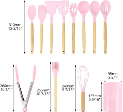 QWORK 12-Piece Pink Kitchen Tool Set - Includes Silicone Cooking Utensils, Whisk and Ladle, Tool Crock